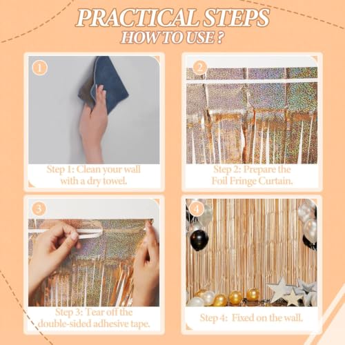 Image of DECOCKRAT 2 Pack Foil Fringe Backdrop - Laser Champagne Shiny Tinsel Curtains for Party Decoration /Photo Booth Props - 3.3x6.6 FT Metallic Foil Backdrop for Birthday, Wedding, Graduation, Christmas.