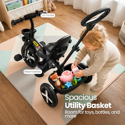Image of Luusa Elite 500 Kids Tricycle with Parent Push Handle & Safety Seat Belt - Premium 3 Wheel Toddler Cycle with Storage Basket & Comfortable Backrest for 1-4 Years Boys & Girls (Black)