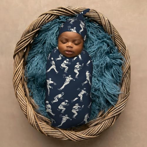 Image of Cartoon Baseball Players Newborn Swaddle Blankets Hat Sets Soft Baby Receiving Blanket Swaddle Sack for Baby Shower Infant Boy Girl Gift
