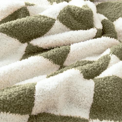 Image of CozeCube Olive Green White Reversible Checkered Knit Throw Blanket 50 inchx60 inch