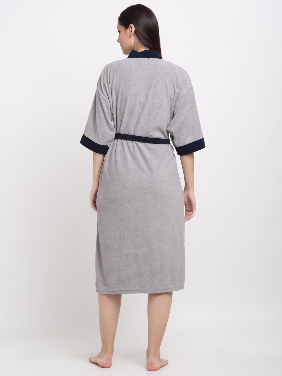 CREEVA Everyday Unisex Micro Terry Bathrobe Collection With kimono collar and 1 Pocket, 3/4 Sleeve Bath Robe Super Soft Light Weight - Grey & Navy - Image 3 thumbnail