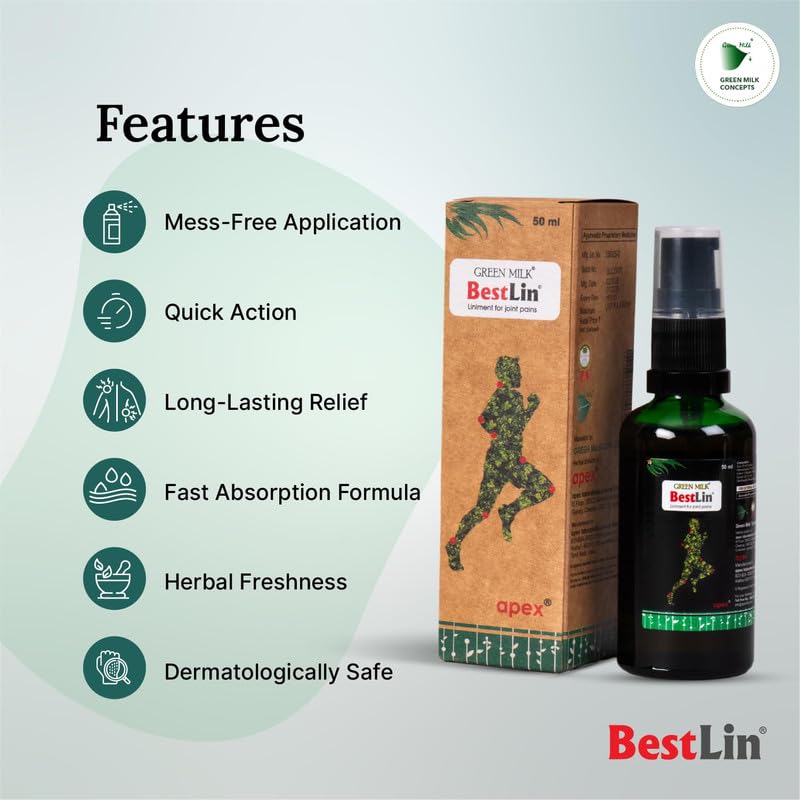 Image of Green Milk Bestlin Liniment | Ayurvedic Pain Relief Oil | Joint & Knee Pain Oil for Back, Shoulder & Muscle Stiffness | Lightweight & Non-Greasy | Herbal Liniment for Everyday Comfort | 50 ml
