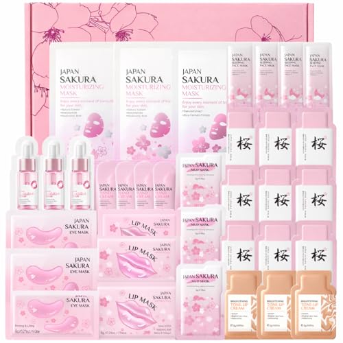 39PCS Sakura Skincare Gift Set - Face Masks Skincare Skincare Gift Set with Lip Mask Eye Mask Clay Mask Serum & Hand Cream - Pamper Gifts for Women Pamper Sets for Teenage Girls in UK