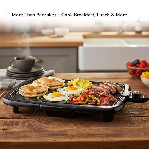 OVENTE Electric Griddle with 16 x 10 Inch Flat Non-Stick Cooking Surface, Removable and Adjustable Temperature Control, Indoor Grill for Instant Breakfast, Pancakes, Eggs or Burgers, Black GD1610B