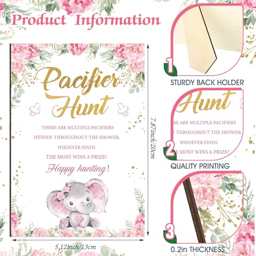 Image of Thyle 51 Pcs Pink Elephant Pacifier Hunt Baby Shower Games Include Hunt Sign 50 Acrylic Pacifiers It's a Girl Pink Elephant Theme Baby Shower Game Decoration Gift Sets for Gender Reveal Party Decor