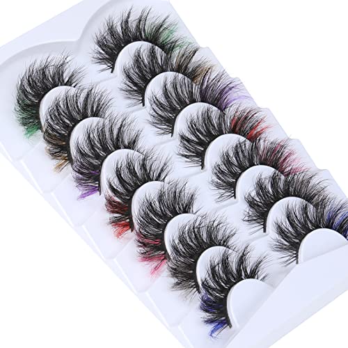 False Eyelashes Fluffy Colored Lashes 3D Volume Handmade Color Lashes 20Mm Faux Mink Eyelashes 7 Pairs Cat-Eye Cosplay Makeup Fanxiton Lashes #TOP4