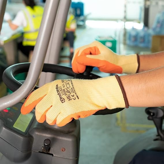 Image of Nylon Safety Work Gloves with Nitrile Coating - Industrial-Grade Protection for Cleaning, Warehouse, Mechanics, Construction - Durable, Flexible, Non-Slip Grip (Yellow & Orange, 20 Pair)