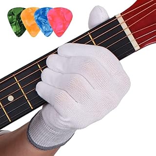 Pair of Gloves for Guitar Player Protecting Pain for Right and Left Hand Practicing Musical Instruments Electric Bass Acoustic Classical Guitar, with 4 Pearl Celluloid Picks 0.46, 71, 96, 1.2mm (M,White)