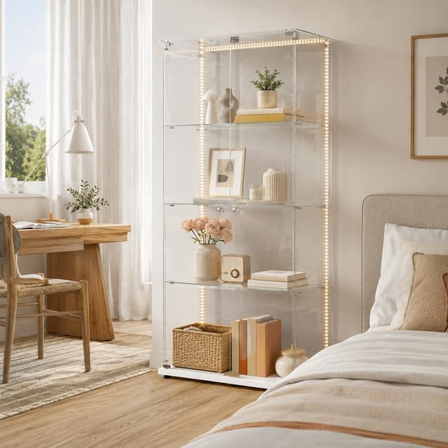 Vitrina de Cristal con LED y Cerradura, Armario Vitrina 78,5 x 35 x 163 cm, Vitrinas de Exposición de 4 Niveles con Estantes Regulables, Mueble Vitrina para Salón, Oficina, Figuras y Libros,Blanco-D