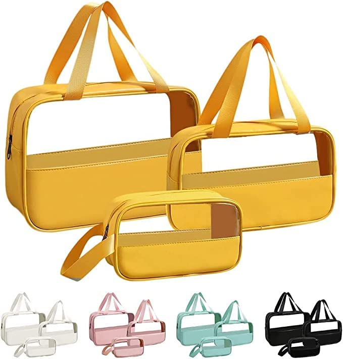 Image of Waterproof Toiletry Bag for Men and Women Travel Toiletry Bag Transparent Makeup Bag Hanging Cosmetic Organizer Bag (Set of 3 Bag) (Yellow)