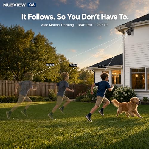 Image of MUBVIEW 24 /7 Continuous Recording Wireless Outdoor Security Camera, 2.4G WiFi, 2K Solar Powered, 360 PTZ, Auto Tracking, SD Included, Optional Cloud Storage, AI Detection, Night Vision(Black,1 Pack)
