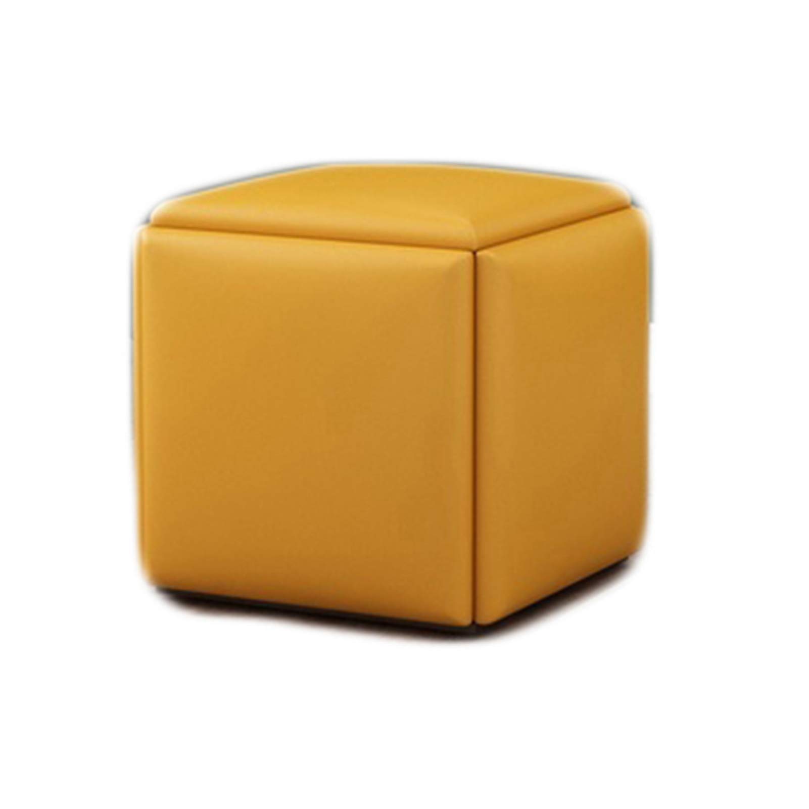 Tabouret en cuir avec repose-pieds de rangement gain de place, pouf cube rembourré jaune salon