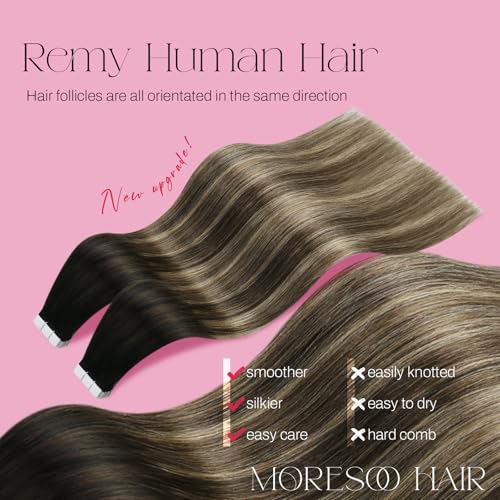 Image of Moresoo Tape in Extensions Real Human Hair Caramel Balayage 24in 20Pcs 50g | Seamless tape in hair extensions human hair, off-black base, caramel dimension, long strands for braids and photo shoots