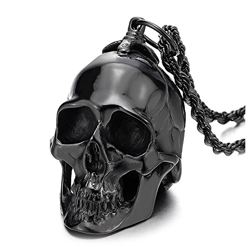COOLSTEELANDBEYOND Stainless Steel Large Black Skull Pendant Necklace for Men High Polished with 30 Inches Wheat Chain