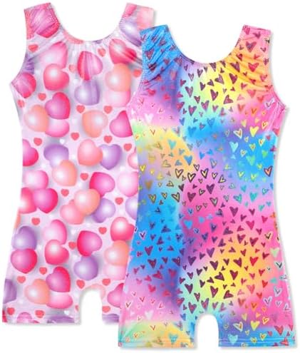 HOZIY 2 Pack Girls Gymnastics Leotards for Kids Toddlers Dance Outfits with Shorts Biketards Tumbling Clothes Sparkly