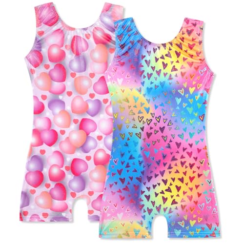 HOZIY Gymnastics Leotards for Girls 3t 4t 2 Pack Set Toddlers Tumbling Outfits Equipment Biketard Dance Clothes Kids Leo Rainbow Colorful Multicolor Hearts