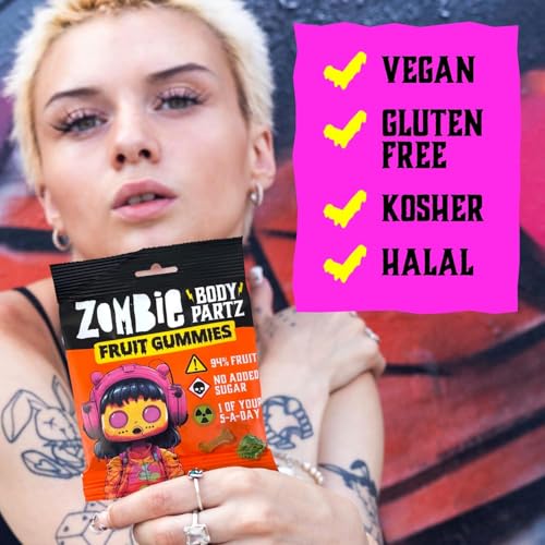 Zombie No Added Sugar Sweets, Fruit Gummies (12 Bags), 94% Fruit, Vegan, Healthy Snacks for Adults, Kids, Low Calorie, Gluten Free, Halal, Bulk, Jelly, Tub, Vegetarian, Party Bags, Gummy, Multipack