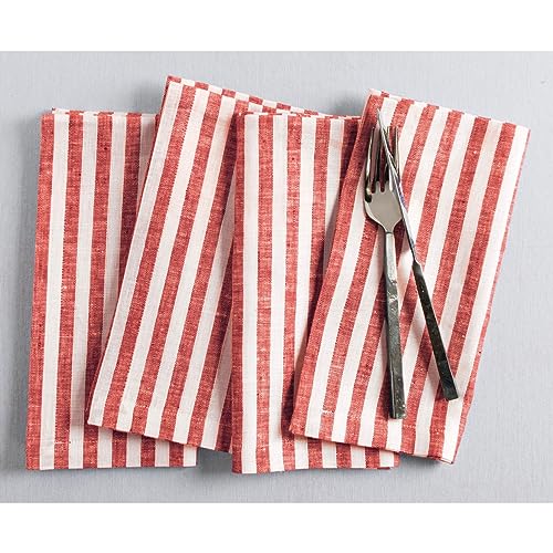 Image of Solino Home 100% Linen Napkins, 20 x 20 in, Red and White Striped, Set of 4