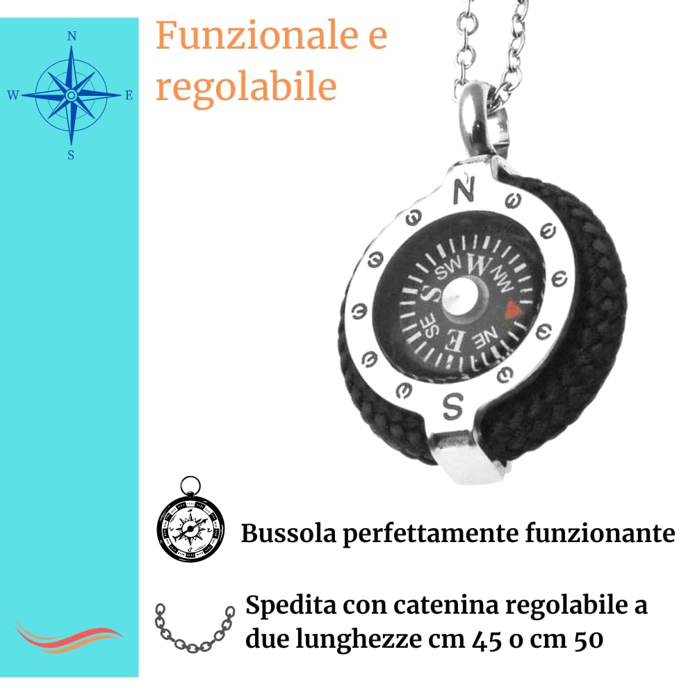 Collana Bussola Uomo in Acciaio Inox e Corda Vari Colori – Stile Nautico Mare Estate Vela – Collana Elegante Uomo