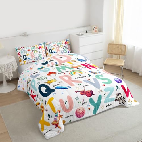 Image of Feelyou Cartoon Alphabet Comforter Set Twin, ABC Alphabet Bedding Set for Kids Cute Educational Alphabet Comforter Learning Educational Duvet Set 2Pcs
