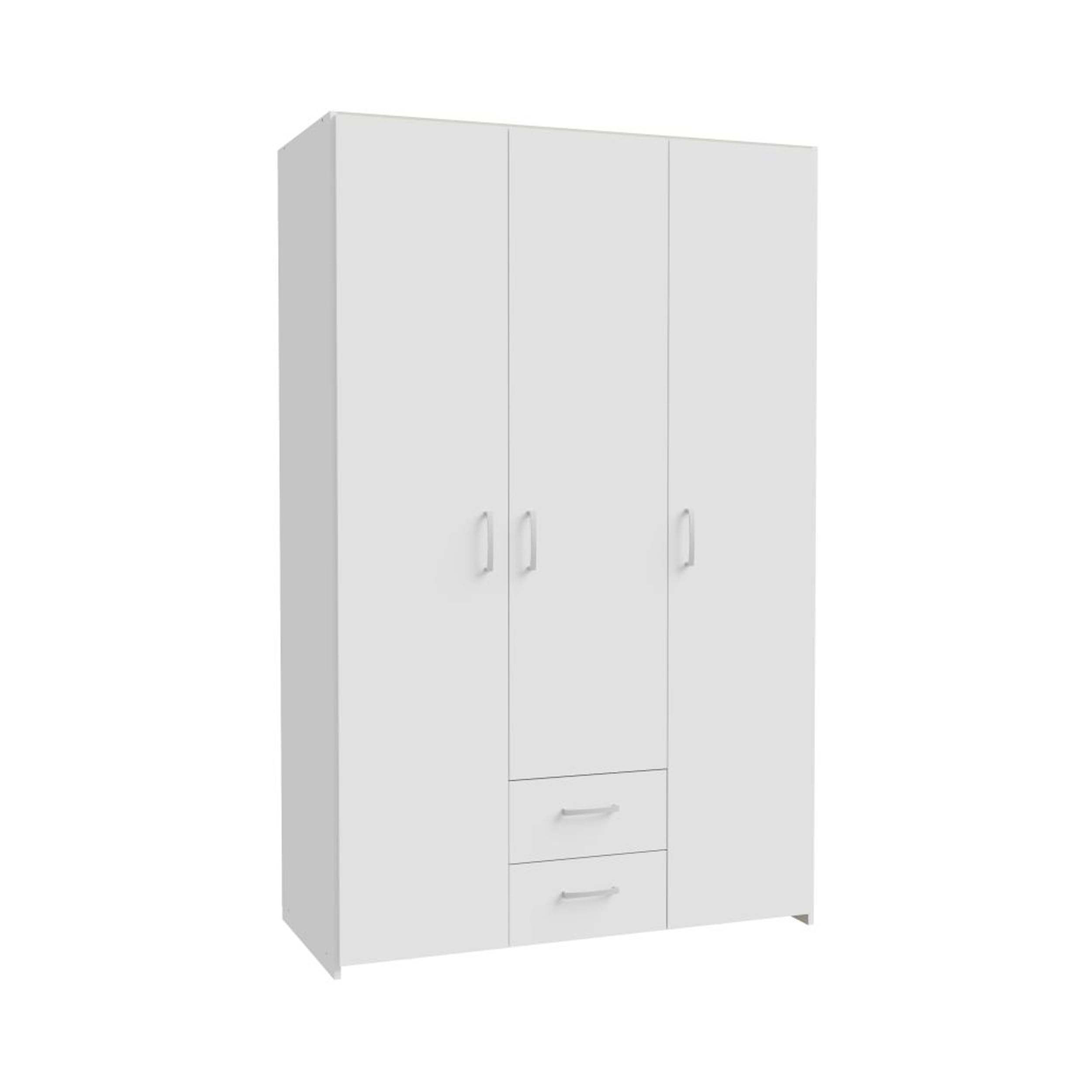 Forte ECONOBOX Kleiderschrank 120, 3-türiger Drehtürenschrank mit 2 Schubladen, Holzwerkstoff, Weiß, 119,4 cm breit, 190,5 cm hoch, 54,4 cm tief