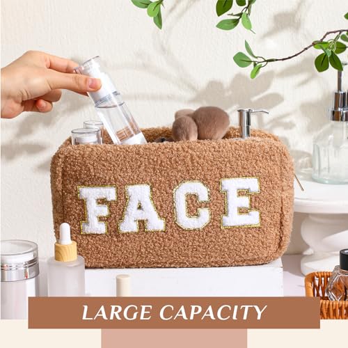 Paterr 4 Pcs Chenille Letter Preppy Patches Makeup Bag Plush Fuzzy Makeup Pouch Hair Skin Face Stuff Bag Large Cosmetic Purse Zipper Travel Toiletry Kit for Spring Gift(Brown Colors)4