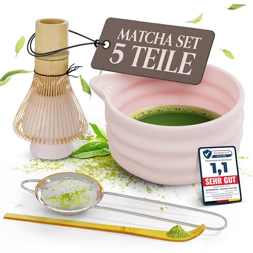 SOWERUM Matcha Set Rosa 5 piezas Cuenco con Vertedor y [Extraresistente] Cuchara Matcha Apto para Lavavajillas Macha Tea Set para Starter Matcha Escoba Matcha, Cuchara de Bambú, Chasen, Whisk, Matcha