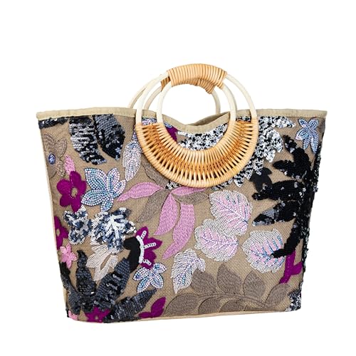 Image of Rattan Wood Handle Sequin Embroidered Floral Beach Bag Tote for Vacation and Wedding Party