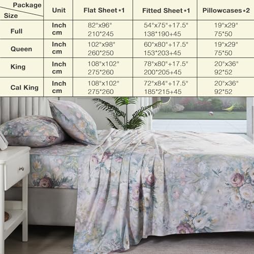 Image of Vintage Floral Sheets Queen, 100% Cotton Percale Shabby Rose Chic Sheet Set, Soft Crisp Aesthetic Green Flower Bed Sheets, Garden Toile Designer Bedding, Deep Pocket Fitted Sheet, 4Pcs