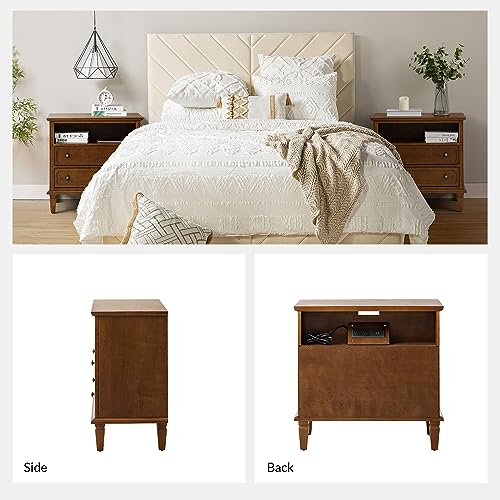 Hulala Home Farmhouse Nightstand With Charging Station Set Of 2, End Table With Usb Ports & Outlets, Fluted Pilasters Design Bedside Table With Open Space And 2 Drawers Dresser For Bedroom, Walnut thumb #7