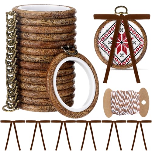 Beeveer 12 Sets Christmas Embroidery Hoops Kits Imitated Wood Frame Includes 3.5 Inch Plastic Embroidery Hoop, Brown Velvet Bows and Rope, Circle Cross Stitch Hoop Ring for Art Craft Sewing Ornaments