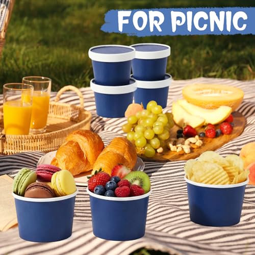 Image of Fulmoon 8 oz 100 Pack Paper Containers with Lids Soup Bowl Cup, Navy Blue | Disposable Ice Cream Cup, Kraft Food Containers with Vented Lid Stackable for Hot Soup Dessert Cake Fruit Microwave Takeout
