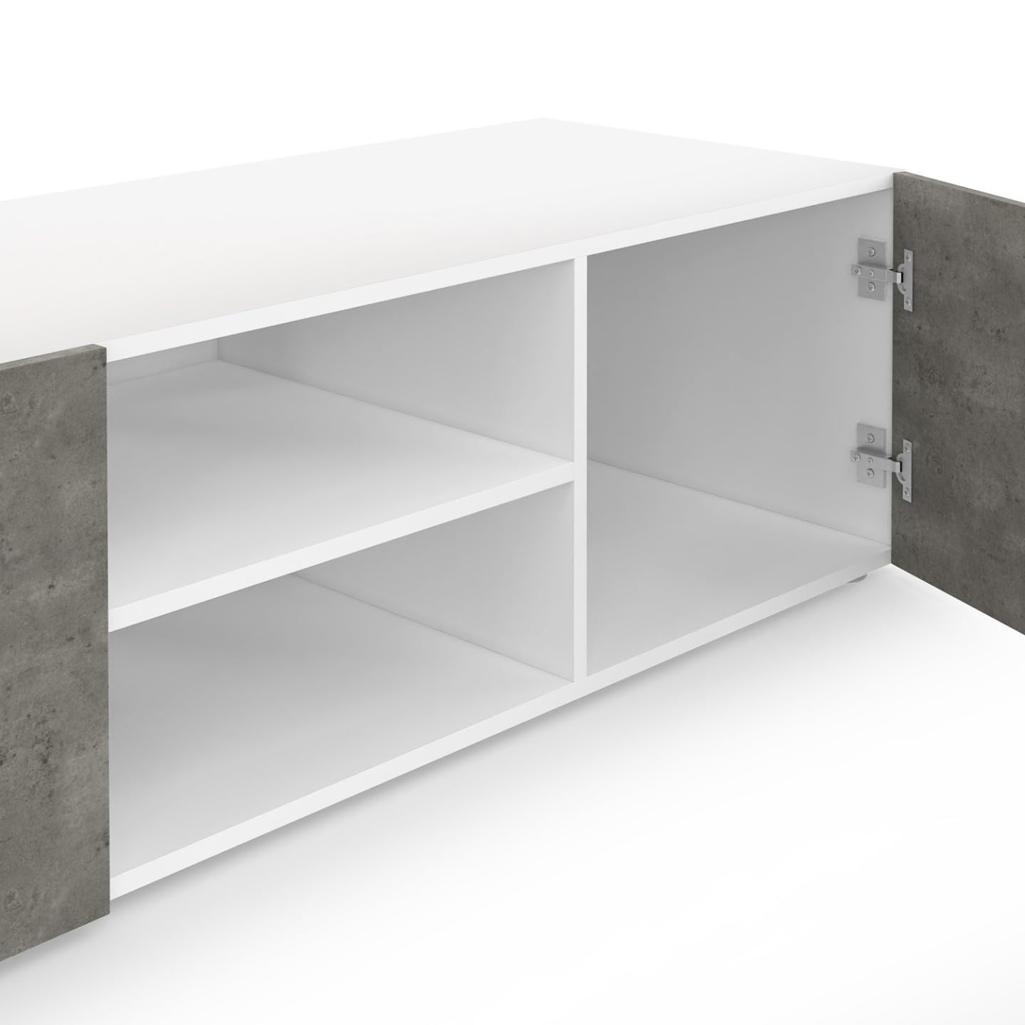 Mobile TV Angolare ELI 110 Cm – 2 Ripiani E 2 Armadi, Effetto Cemento E Bianco, Struttura In Truciolato, Design Contemporaneo Per Piccoli Spazi