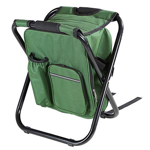 Fishing Backpack Chair, Portable Camping Stool, Foldable Solid Construction Backpack Stool with Double Layer Oxford Fabric Cooler Bag for Fishing, Beach, Camping, House and Outing (Green)