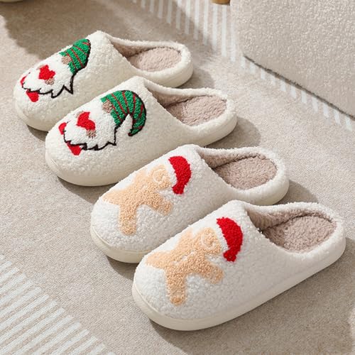 Christmas Slippers for Women, Cute House Shoes with Reindeer, Santa Claus, Gingerbread Man, Xmas Tree, Adult Fluffy Winter Home Slides for Couples, Kawaii Fuzzy Cozy4