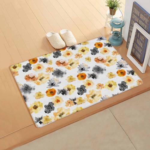Yellow Painted Flower Kitchen Bath Door Mat Cushioned Runner Rug,Washable Welcome Floor Sink Antifatigue Mat,Waterproof & Non-Slip Comfort Standing Doormat,Black Orange Floral Simple White 24