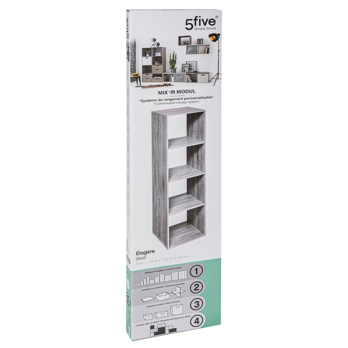 5five - Estantería de columna Mix N' Modul, efecto roble gris - Alto 134 cm, 4 compartimentos - Mueble de almacenaje para salón, dormitorio y oficina