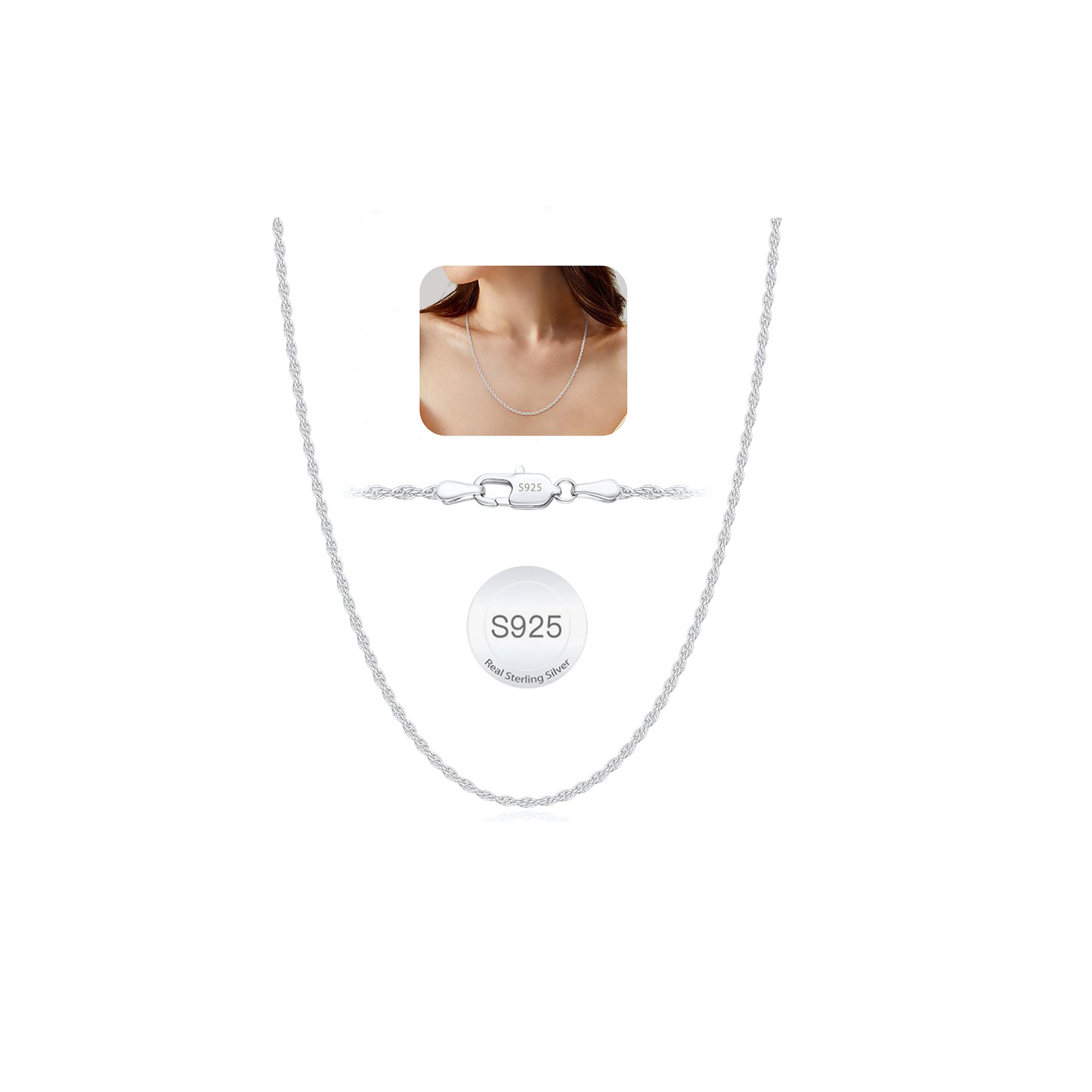 Weddinen 925 Sterling Silver 1.5mm/2mm Rope Chain Necklace for Women Girls, Sturdy Non-Fading Sterling Silver Chain for Women Jewellery Christmas Stocking Stuffers Gifts 16/18/20/22/24 Inch