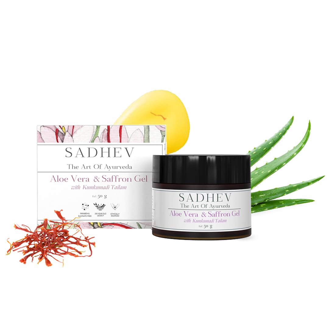 Sadhev Aloe Vera & Saffron Gel with Kumkumadi Tailam | Organic Aloe Vera Gel & Brightening Moisturizer for Face | Pure Gel Moisturizer for Women & All Skin Types | 50g