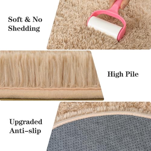 Soft Fluffy Rugs for Bedroom, Beige Fuzzy Shaggy Oval Bedside Area Rug Set of 2, Non-Slip Cozy Plush Shag Carpet for Kids Room Nursery Dorm Living Room, 2.6 x 5.3 Feet