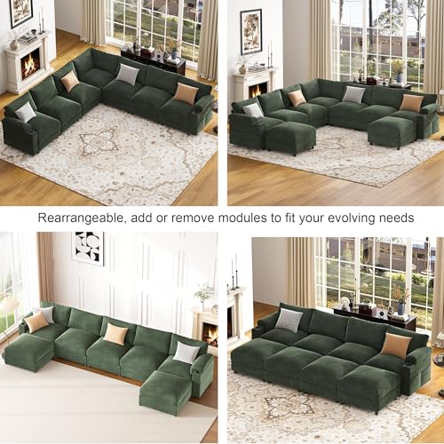 Image of Sectional Couches for Living Room FSC Certified Chenille Modular Couch Oversized Cloud U Shaped Convertible Sleeper Sofa Chaise Detachable Armrest Cushion (Chenille Green, Corner V Shape 7 Seat)