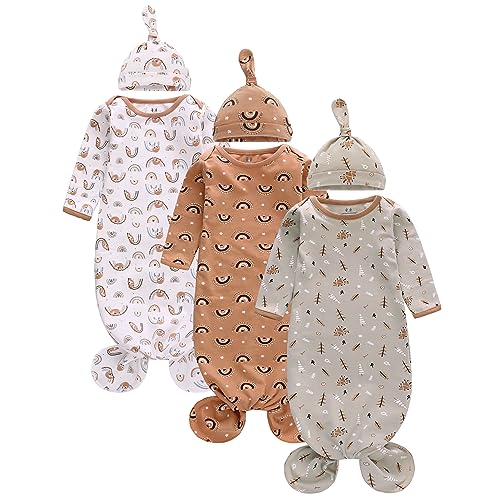 Image of Miracle Baby Newborn Knotted Gown with Hat Set, 3 Pack Newborn Nightgowns, Baby Sleeper Gowns with Mitten Cuffs for Boys Girls 0-3 Months, Length 26 inch