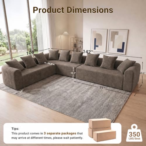 Image of Claiks 142 inch Cloud Boneless Couch, L-Shape Left Chaise, Light Grey