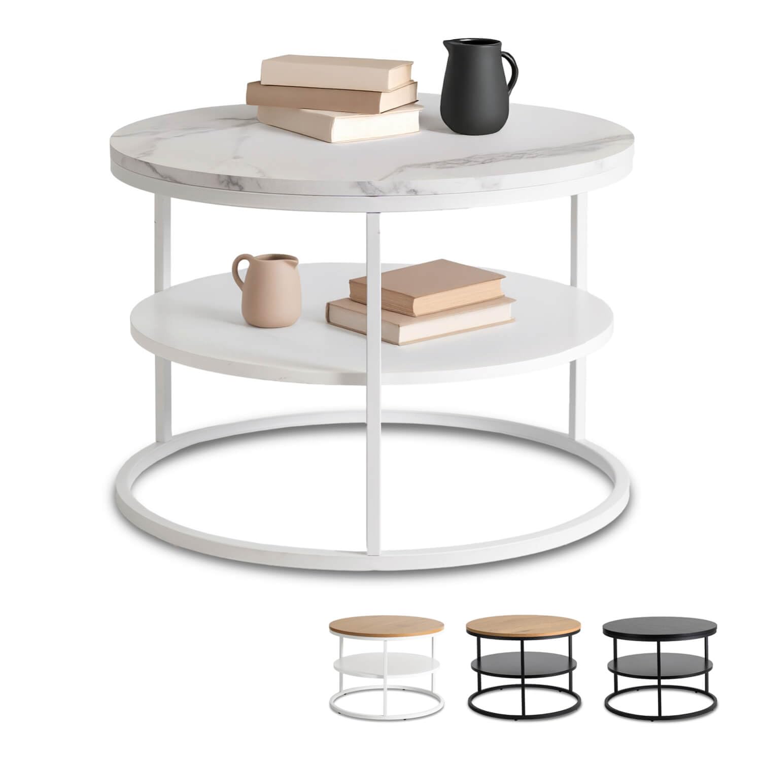 Couchtisch Rund 70 x 49,5 cm – Modern Wohnzimmertisch Marmoroptik/Weiß mit Stauraum – Sofatisch Rund für Wohnzimmer und Büro – Runder Tisch mit pflegeleichter Oberfläche