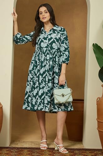 Image of Janasya Women's Green Pure Cotton Floral Printed Fit & Flare Dress