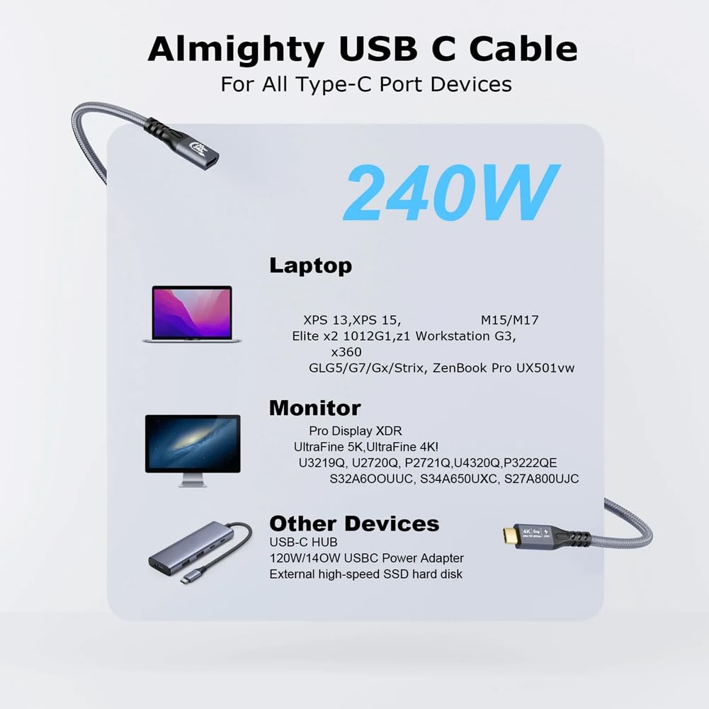 Cable de Extensión USB 4K Cable Tipo-C Extensión Macho A Hembra Ultra HD 20Gbps 240W Línea de Transmisión HD Rápida de Datos 2m