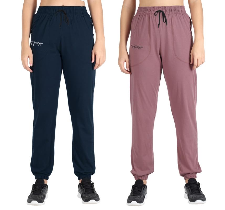 Image of Fflirtygo Cotton Solid Joggers /Track Pant /Solid Pajama /Leggings �100% Export Quality Soft Cotton Night Wear /Pocket Pyjama for Women Combo Pack of 2Pcs, Blue and Grey