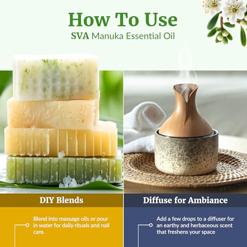Image of SVA Manuka Essential Oil 1 Fl Oz - for Diffuser, Skin & Hair Care - Ideal for Massage & DIY Blends - with Dropper