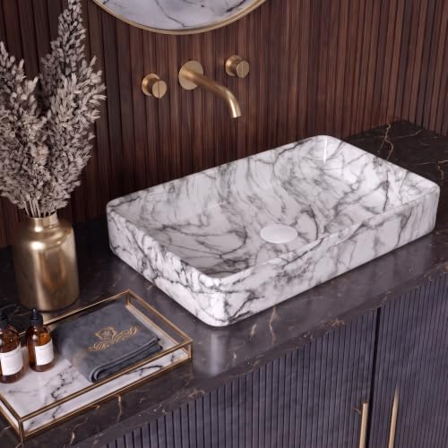 Image of Wash Basin Countertop | Tabletop Ceramic Bathroom Sink | Wash Basin Over Counter (Designer White Grey, 24 x 14 x 5 Inch)