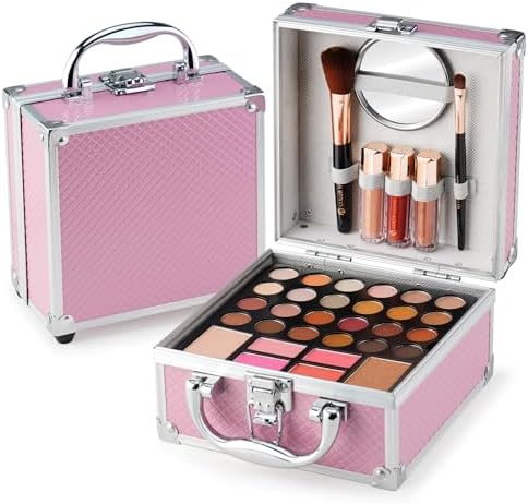 Color Nymph Beginner Makeup Kit For Teens With The Small Cosmetic Train Case Included 24-Colors Eyeshadow Palette Blushes Bronzer Highlighter Lipstick Brushes Mirror(Pink)